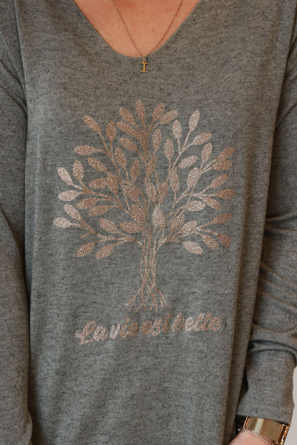 Olive “La Vie Est Belle” Gold Glitter Tree Long-Sleeve Tee