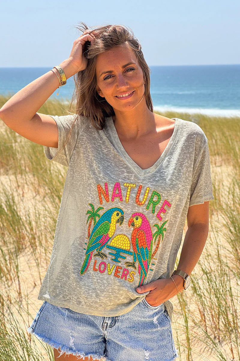 Olive Nature Lovers Parrot Print Slub Knit Tee