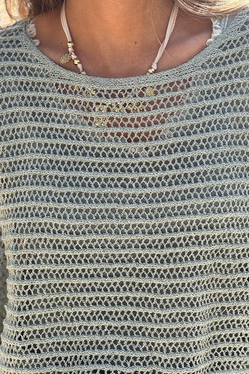 Olive Open Crochet Dolman Top
