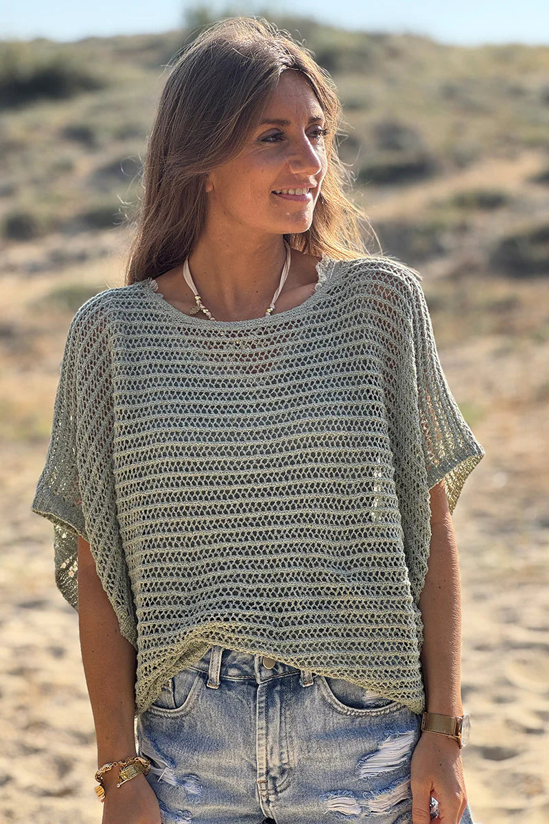 Olive Open Crochet Dolman Top