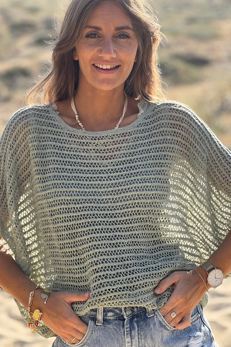Olive Open Crochet Dolman Top