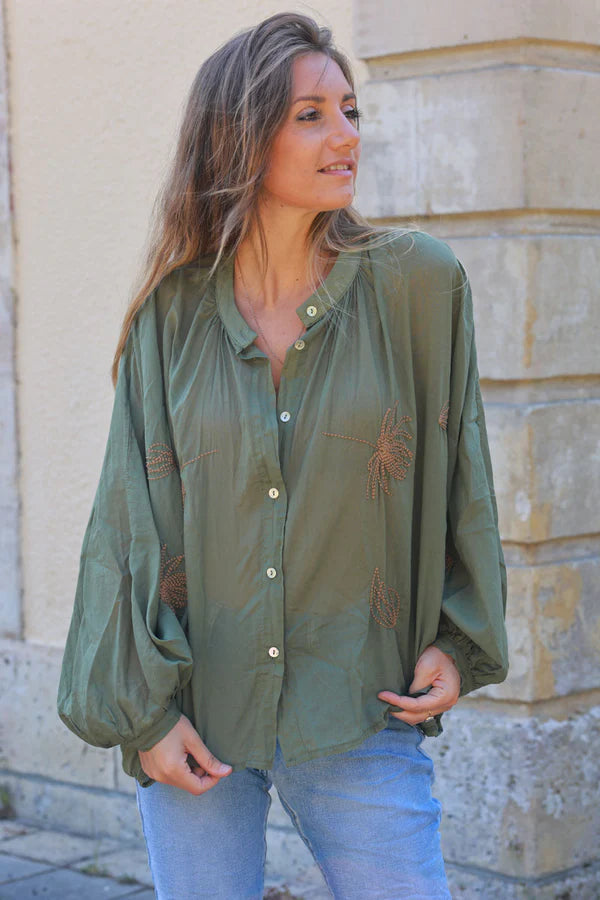 Olive oversized lightweight cotton blouse with palm tree embroidery