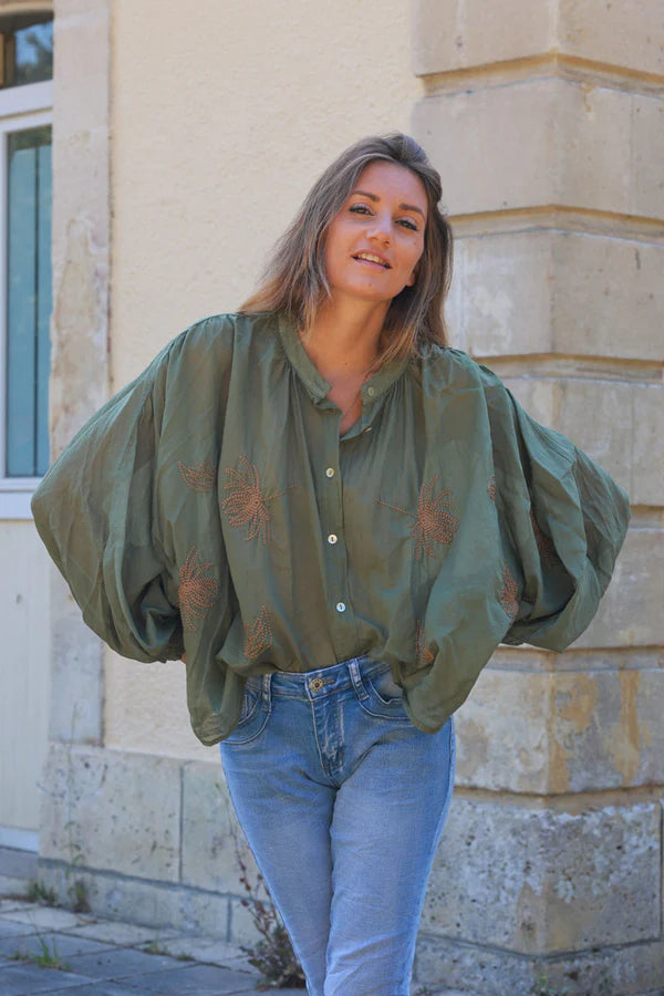 Olive oversized lightweight cotton blouse with palm tree embroidery