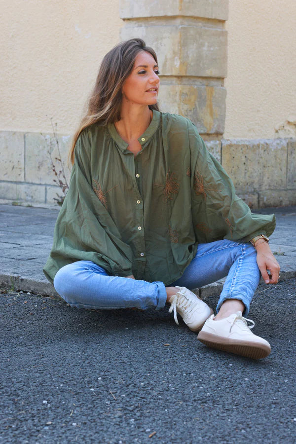 Olive oversized lightweight cotton blouse with palm tree embroidery