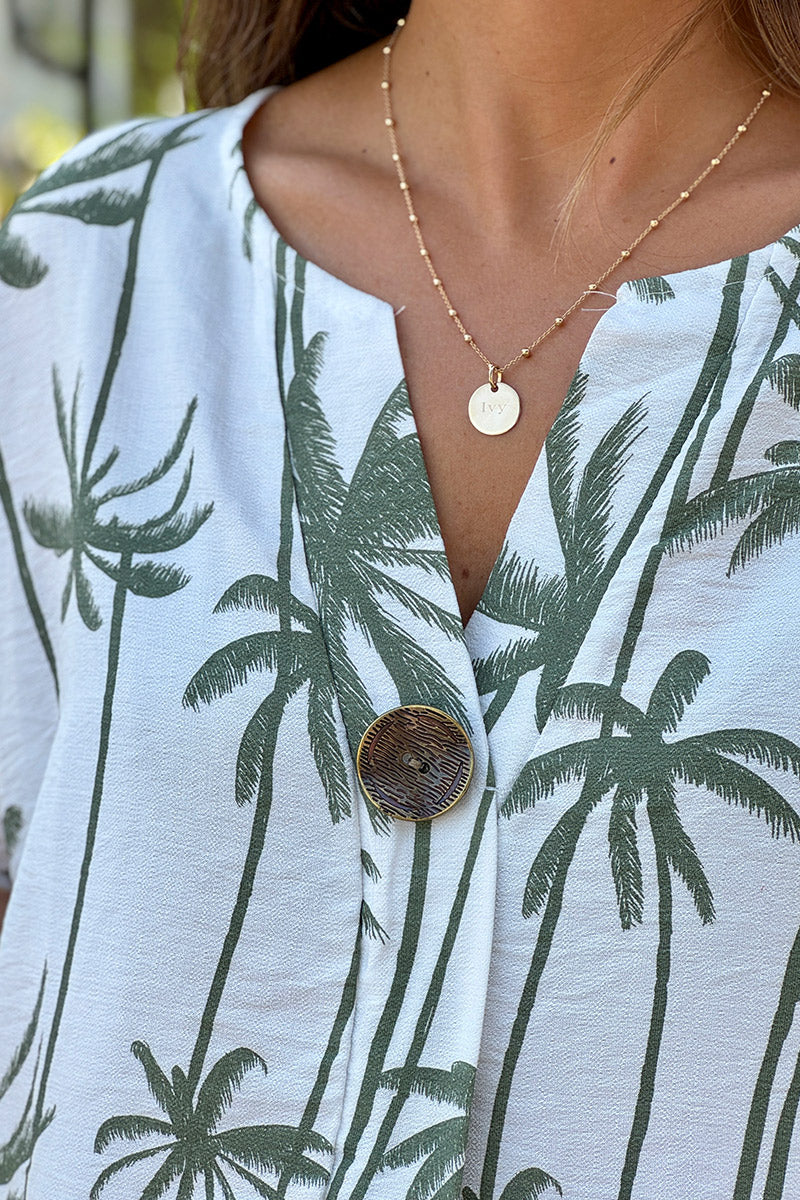 Olive Palm Decorative Button Blouse
