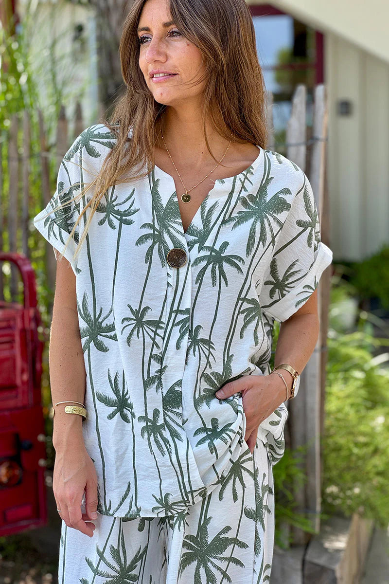 Olive Palm Decorative Button Blouse