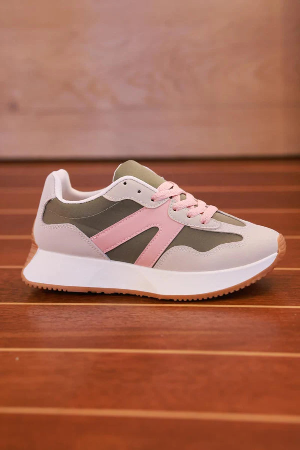 Olive and Pink Sueded Stripe Retro Active Sneakers