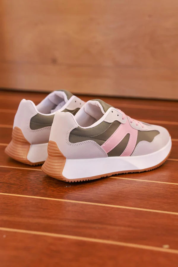 Olive and Pink Sueded Stripe Retro Active Sneakers