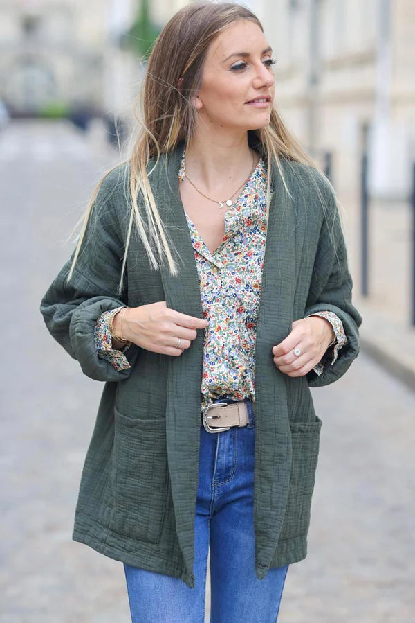 Olive Relaxed Fit Crinkle Cotton Gauze Jacket