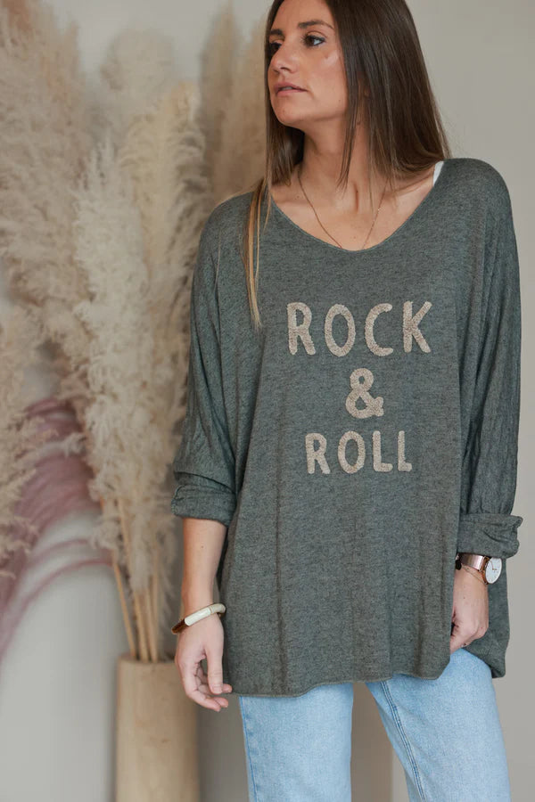 Olive Slub Knit “Rock & Roll” Long Sleeve Tee