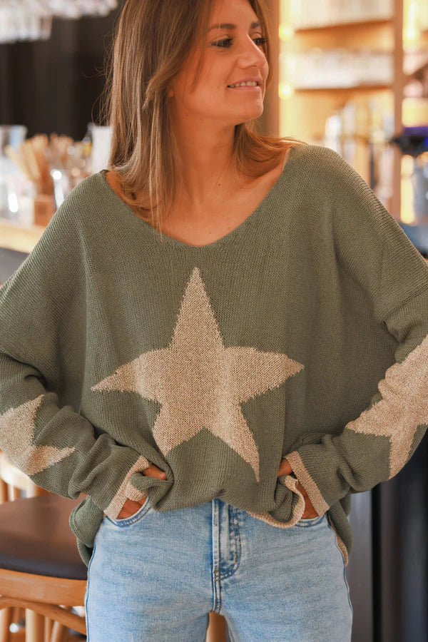 Olive Star Knit Utility Sweater