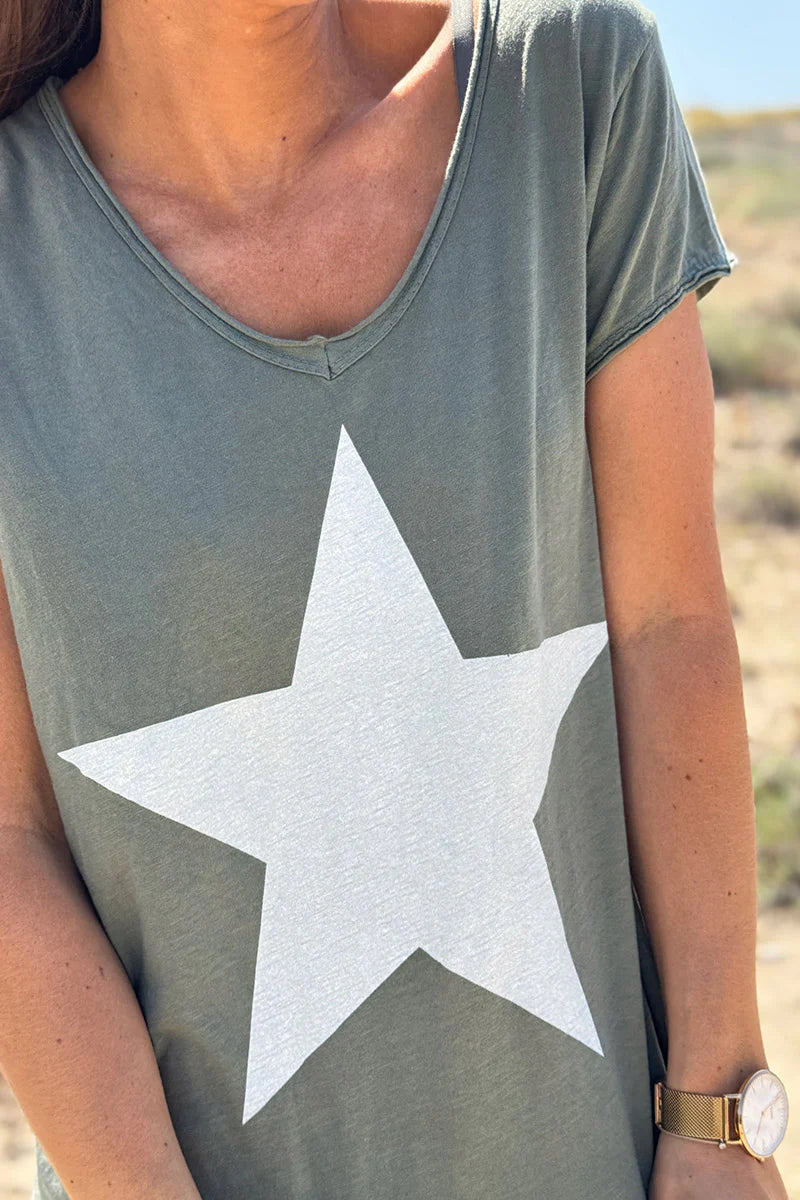 Olive Star Lightweight V-Neck Tee