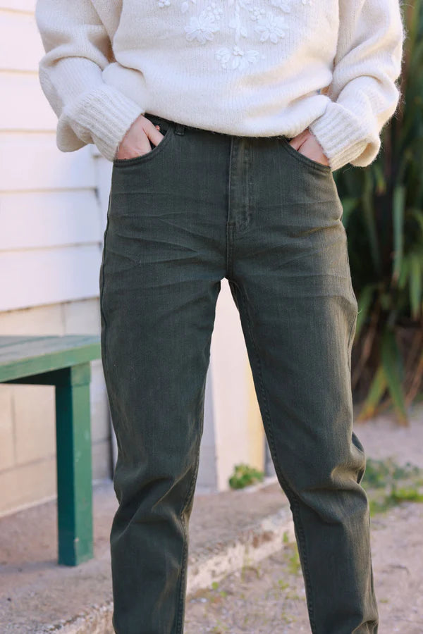 Olive Stretch Denim Straight-Leg Jeans