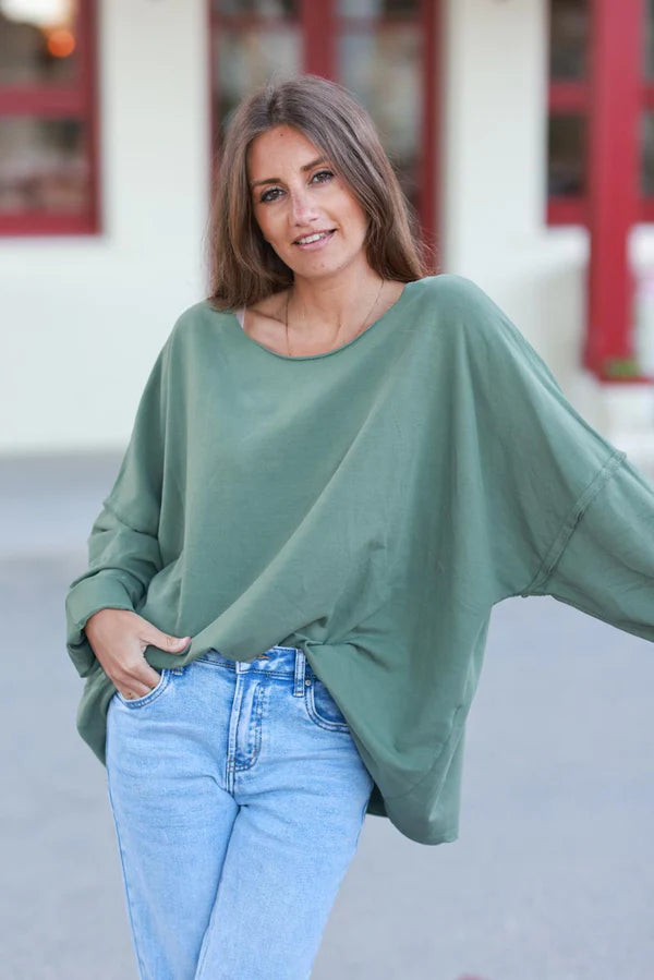 Olive Stretch Knit Long-Sleeve Slouchy Tee