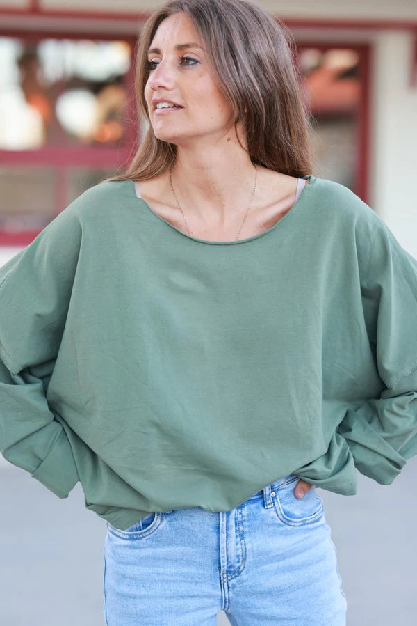 Olive Stretch Knit Long-Sleeve Slouchy Tee