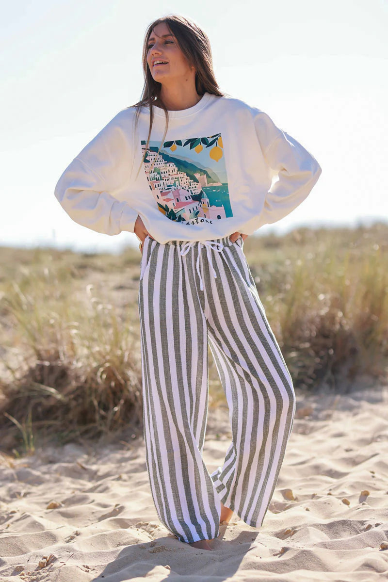 Olive Striped Gauze Casual Pants