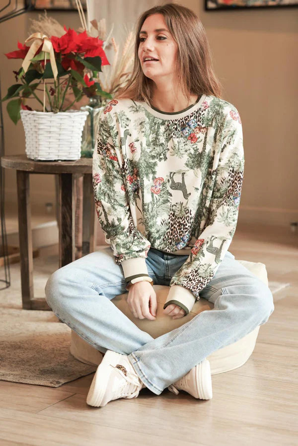 Olive Sweatshirt with Jungle Print