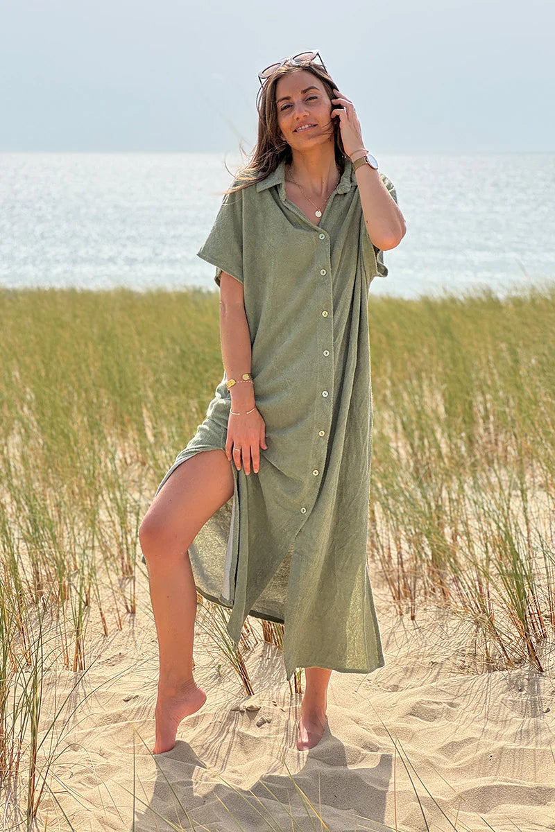 Olive Terry Cloth Button-Down Shirt Dress