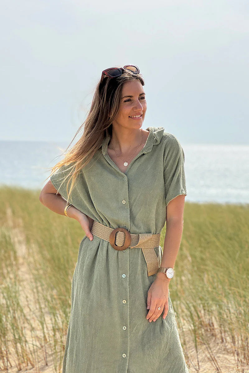 Olive Terry Cloth Button-Down Shirt Dress