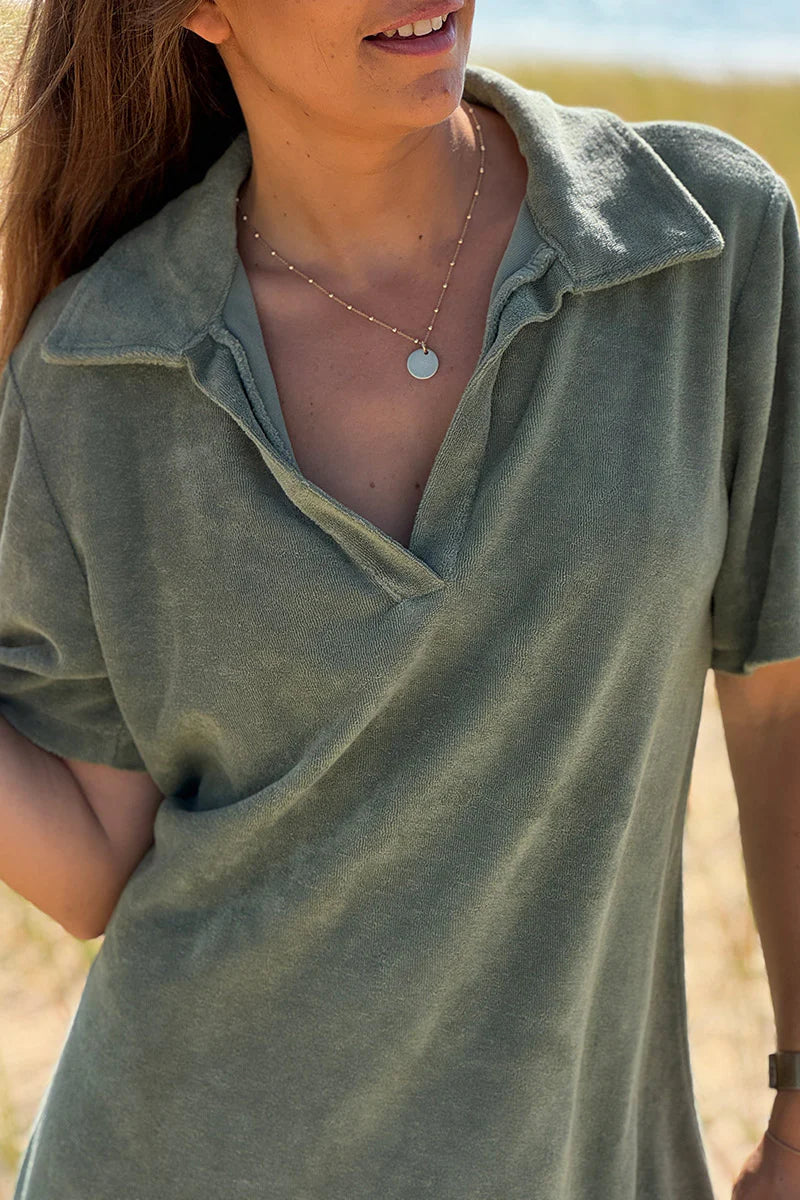 Olive Terry Cloth Collared V-Neck Dress