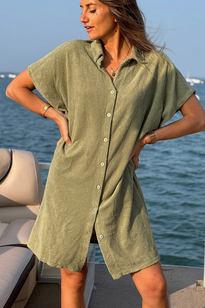 Olive Terry Cloth Shirt Dress