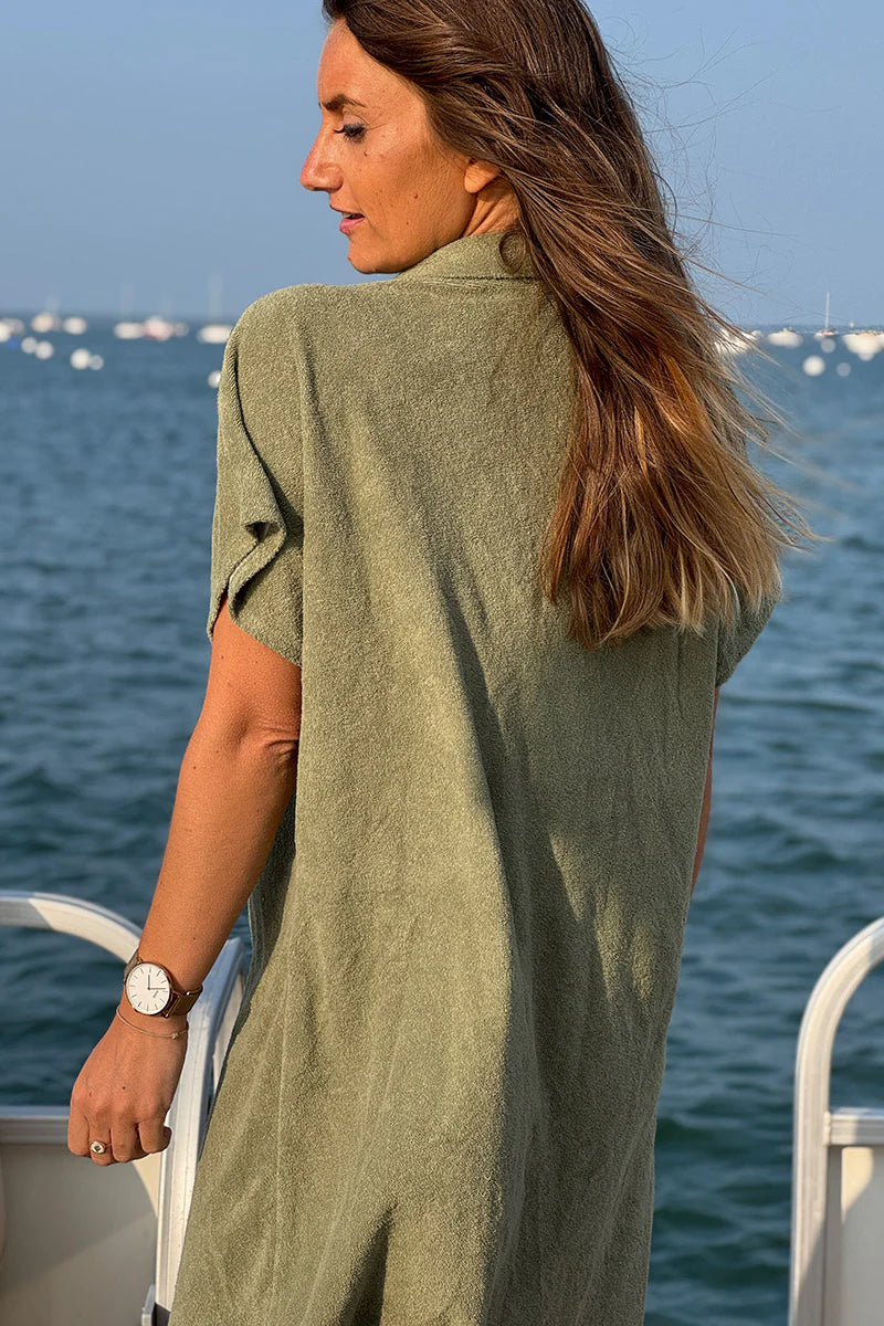 Olive Terry Cloth Shirt Dress
