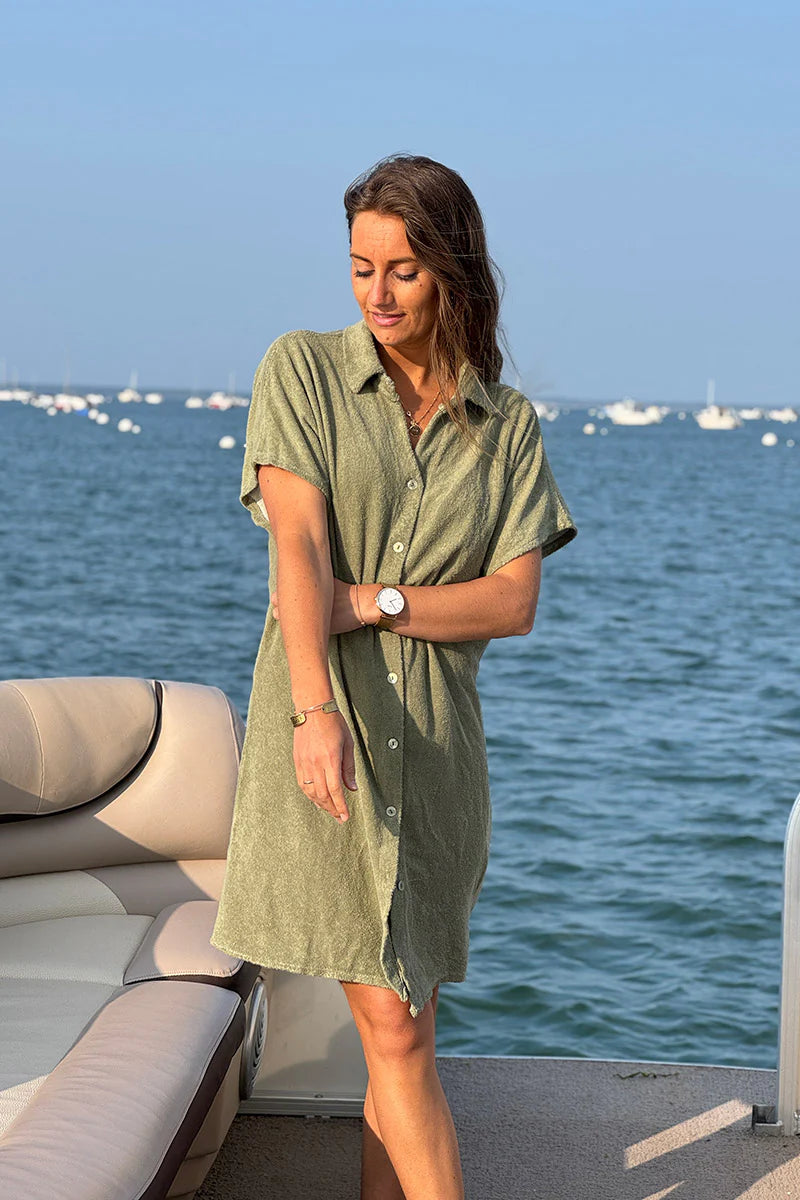 Olive Terry Cloth Shirt Dress