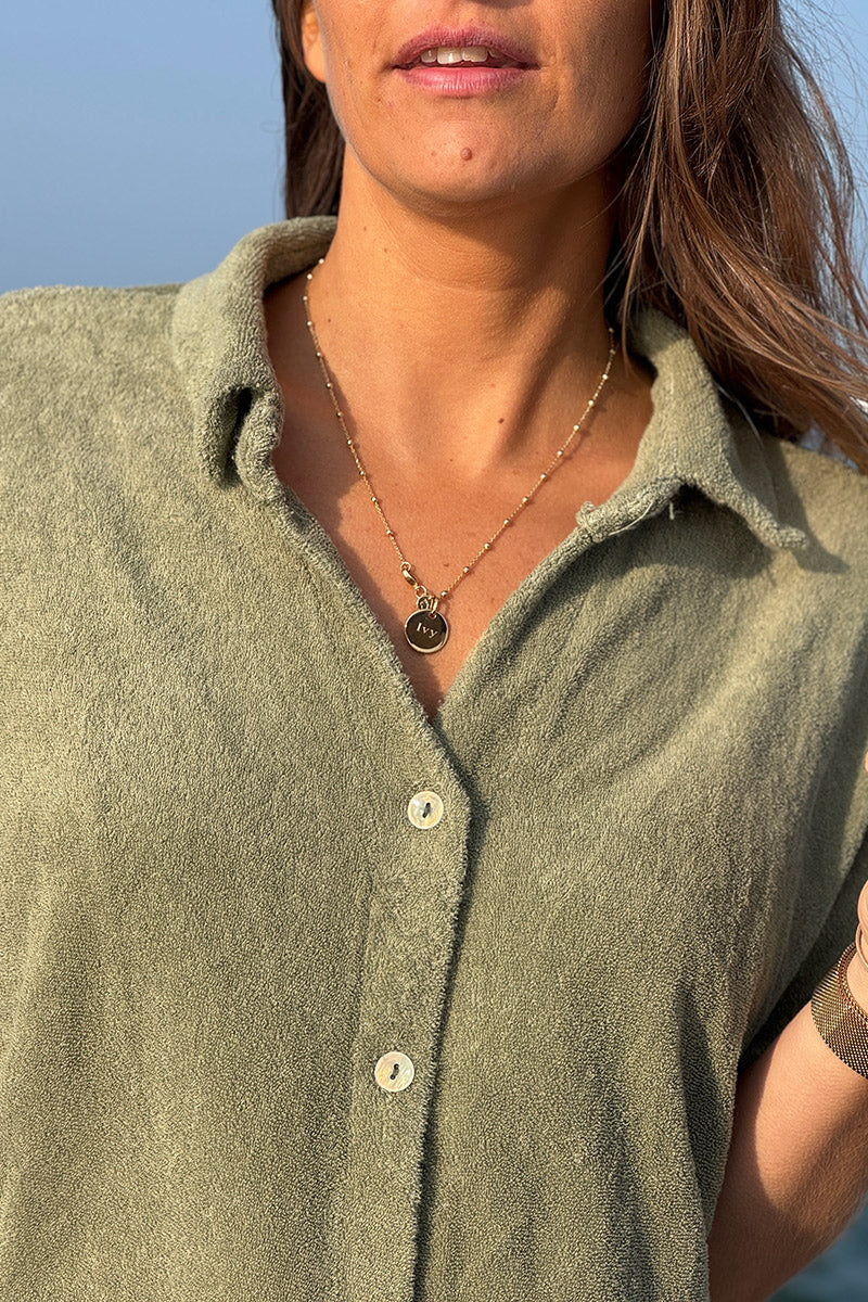 Olive Terry Cloth Shirt Dress
