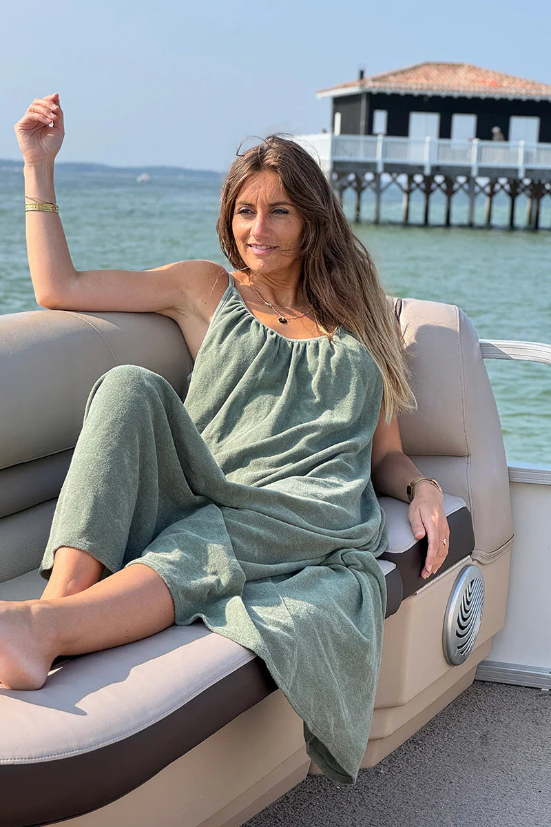 Olive Terry Cloth Strappy Maxi Dress