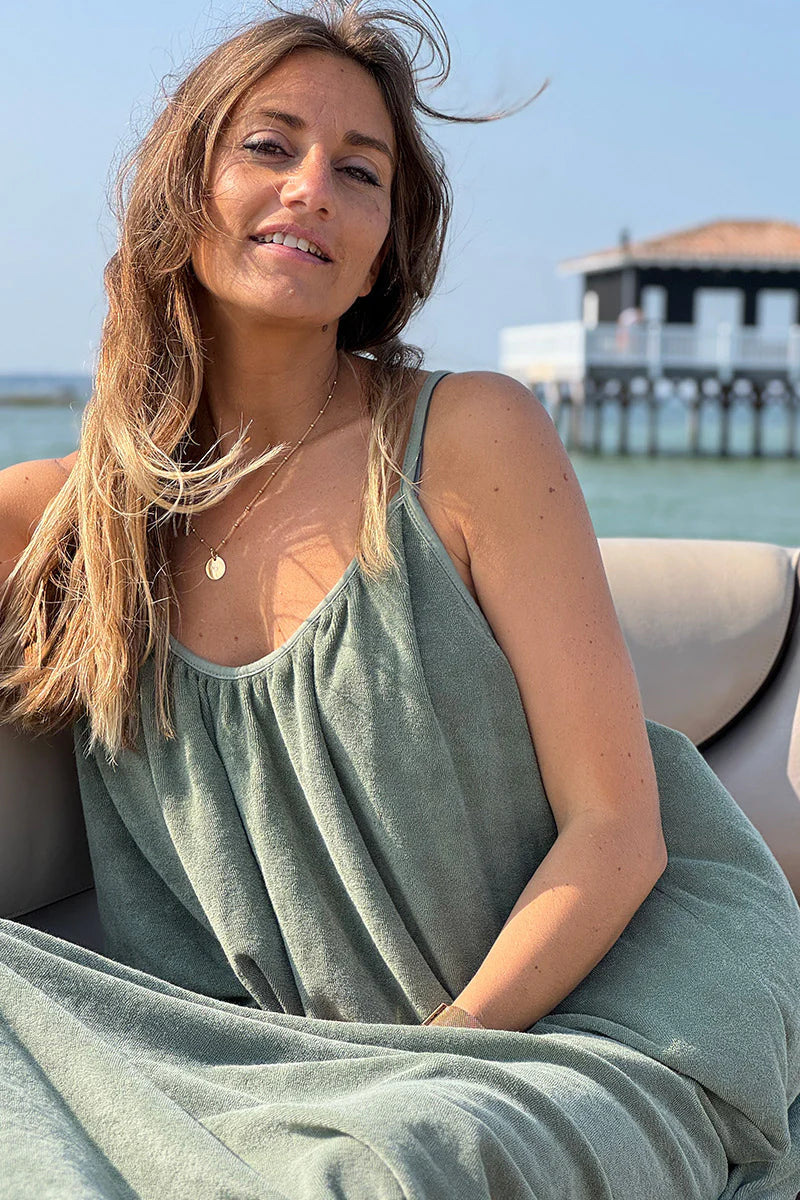 Olive Terry Cloth Strappy Maxi Dress