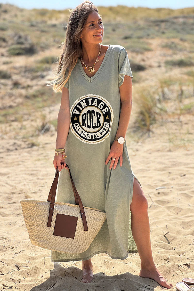 Olive Vintage Rock V-Neck T-Shirt Dress