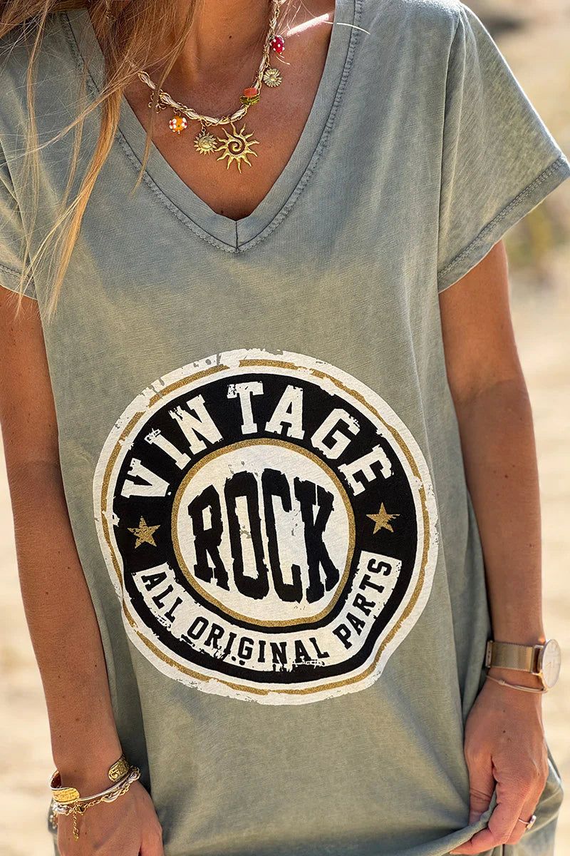 Olive Vintage Rock V-Neck T-Shirt Dress