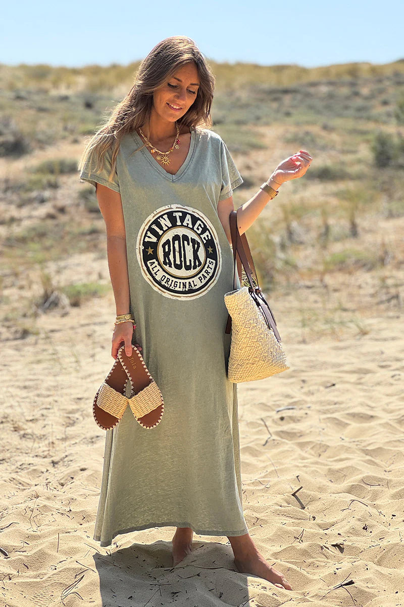 Olive Vintage Rock V-Neck T-Shirt Dress