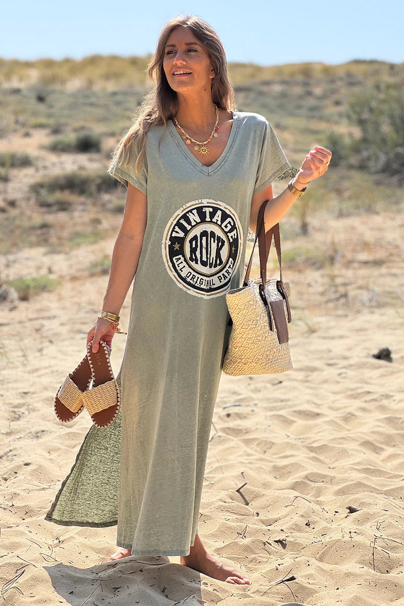 Olive Vintage Rock V-Neck T-Shirt Dress