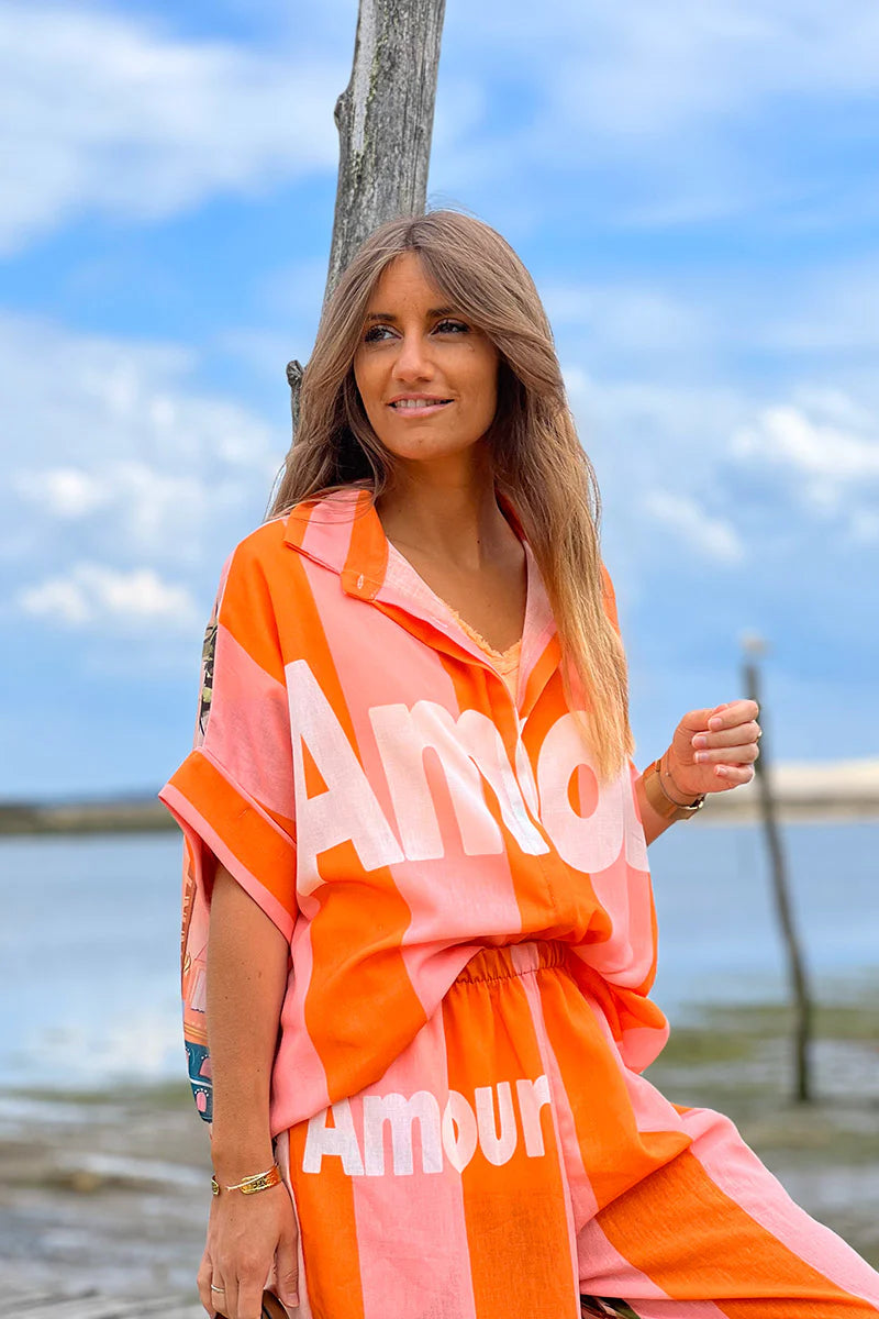 Orange “Amour” Beach Striped Blouse