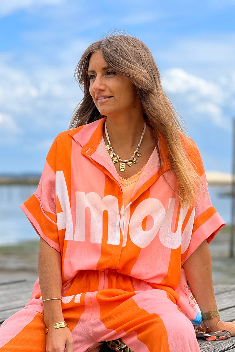 Orange “Amour” Beach Striped Blouse