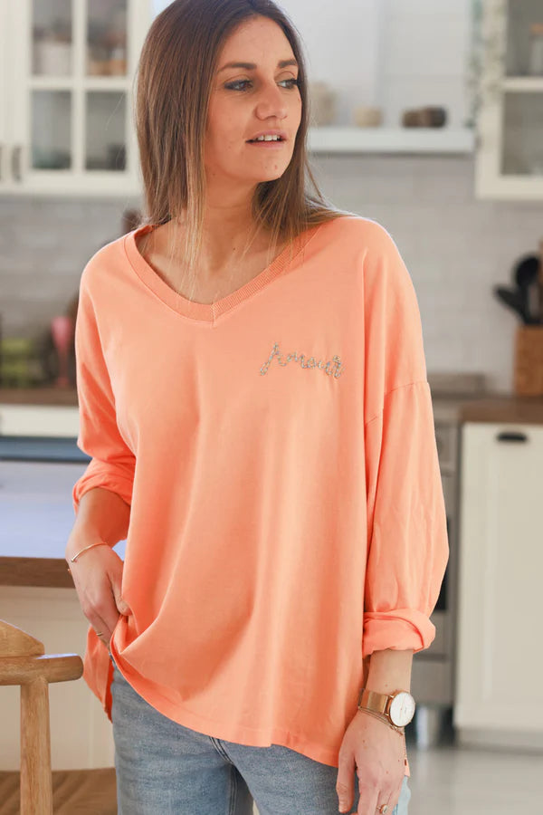 Orange “Amour” Long-Sleeve V-Neck Tee