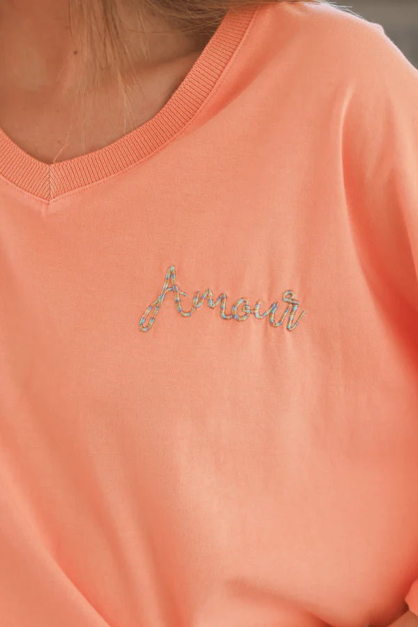 Orange “Amour” Long-Sleeve V-Neck Tee