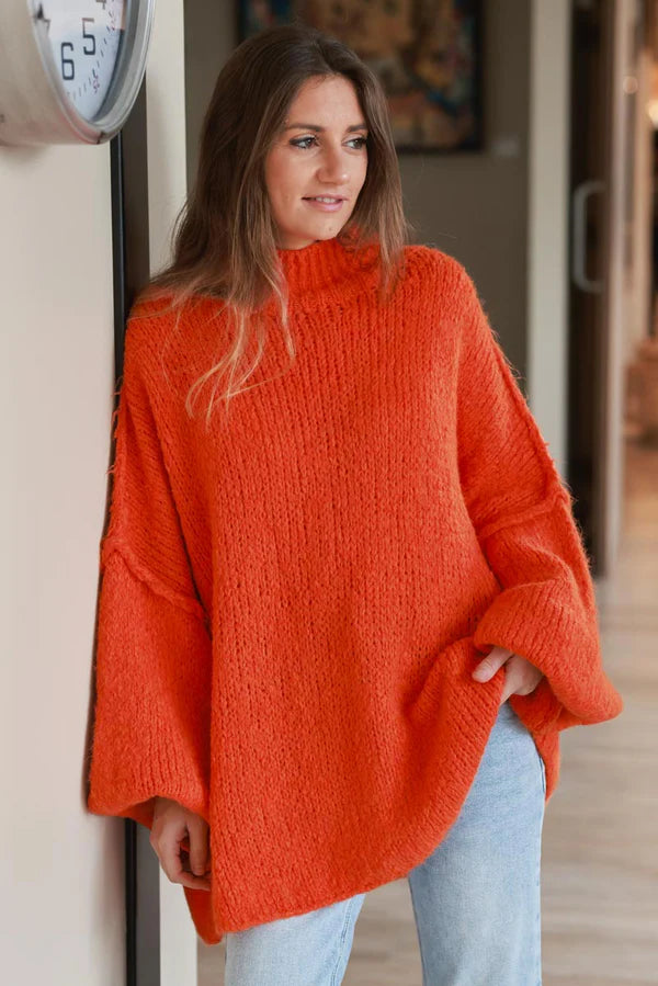 Orange Chunky Knit Sweater Oversized and Funnel Neck