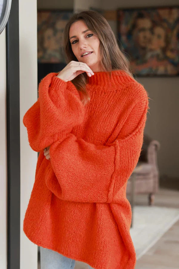 Orange Chunky Knit Sweater Oversized and Funnel Neck