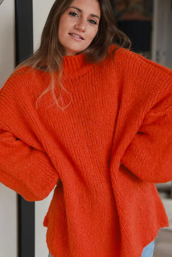 Orange Chunky Knit Sweater Oversized and Funnel Neck