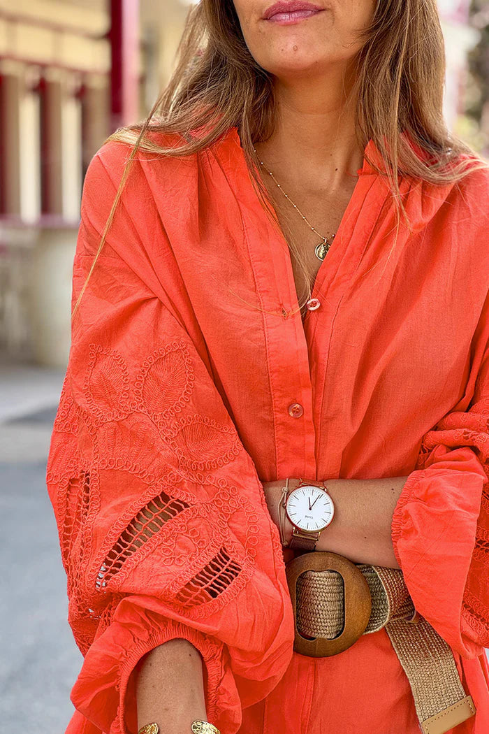 Orange Crochet Sleeve Button-Down Tunic Dress