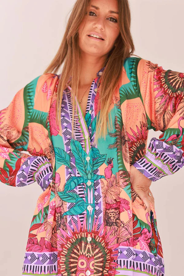 Orange Jungle Leaf Tribal Button-Down Maxi Dress