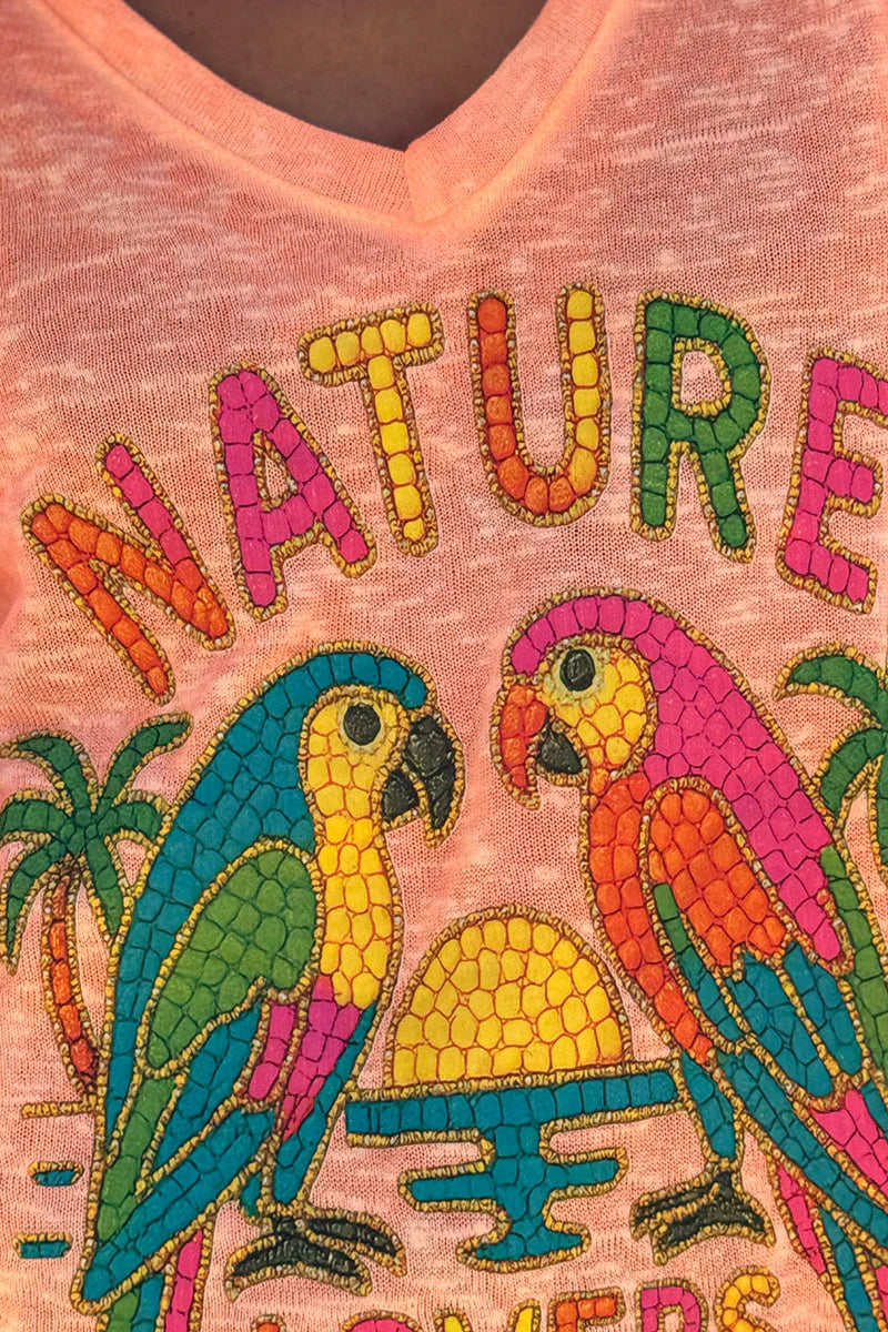 Orange Nature Lovers Parrot Print Slub Knit Tee