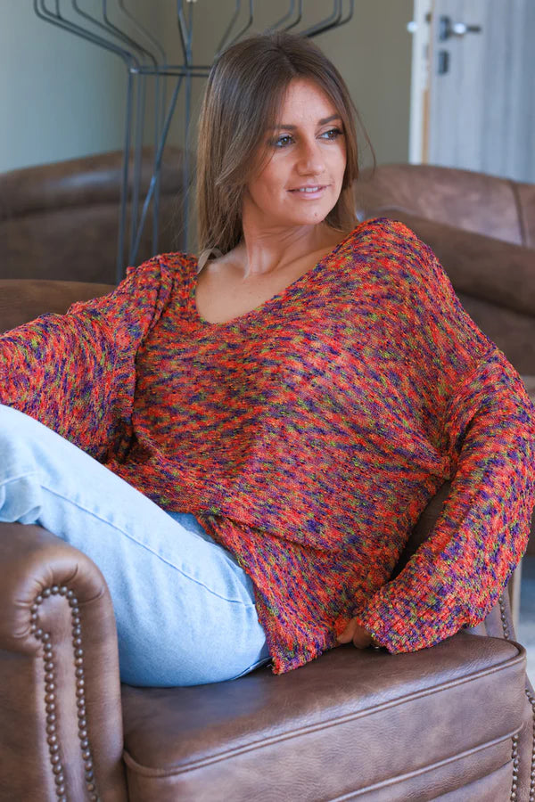 Orange Neon Bell Sleeve Confetti Knit Top