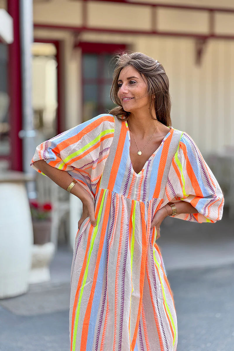 Orange Neon Stripe Boho House Dress