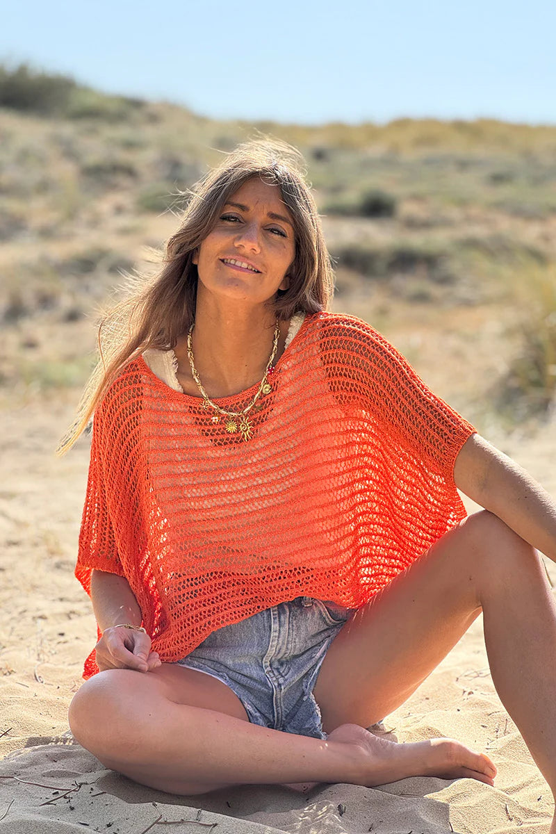 Orange Open Crochet Dolman Top