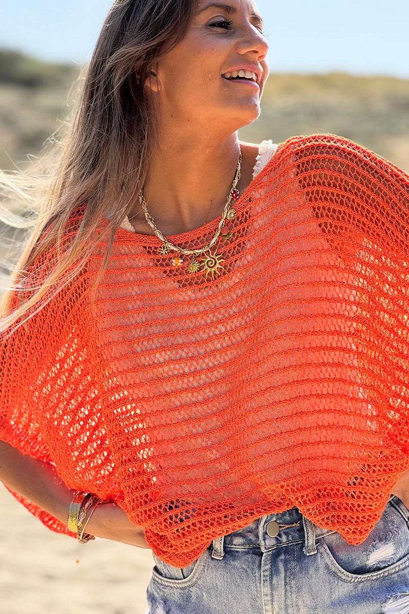 Orange Open Crochet Dolman Top