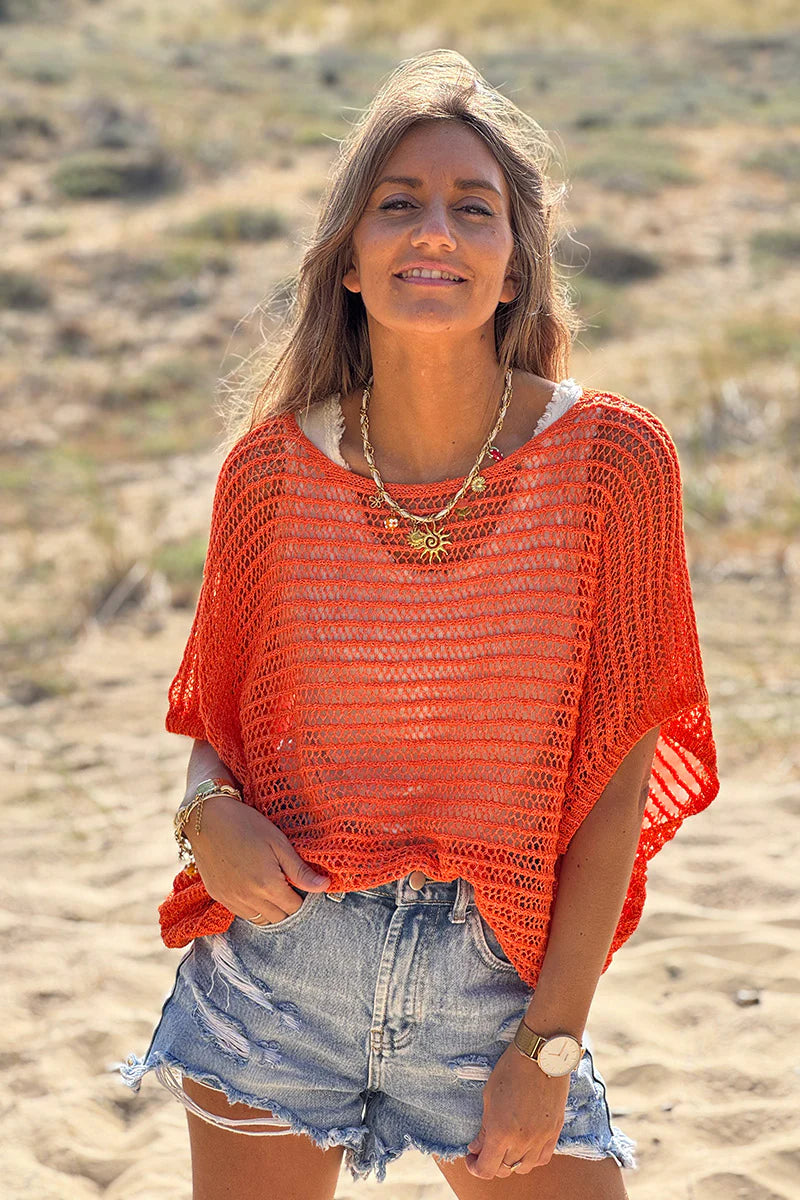 Orange Open Crochet Dolman Top