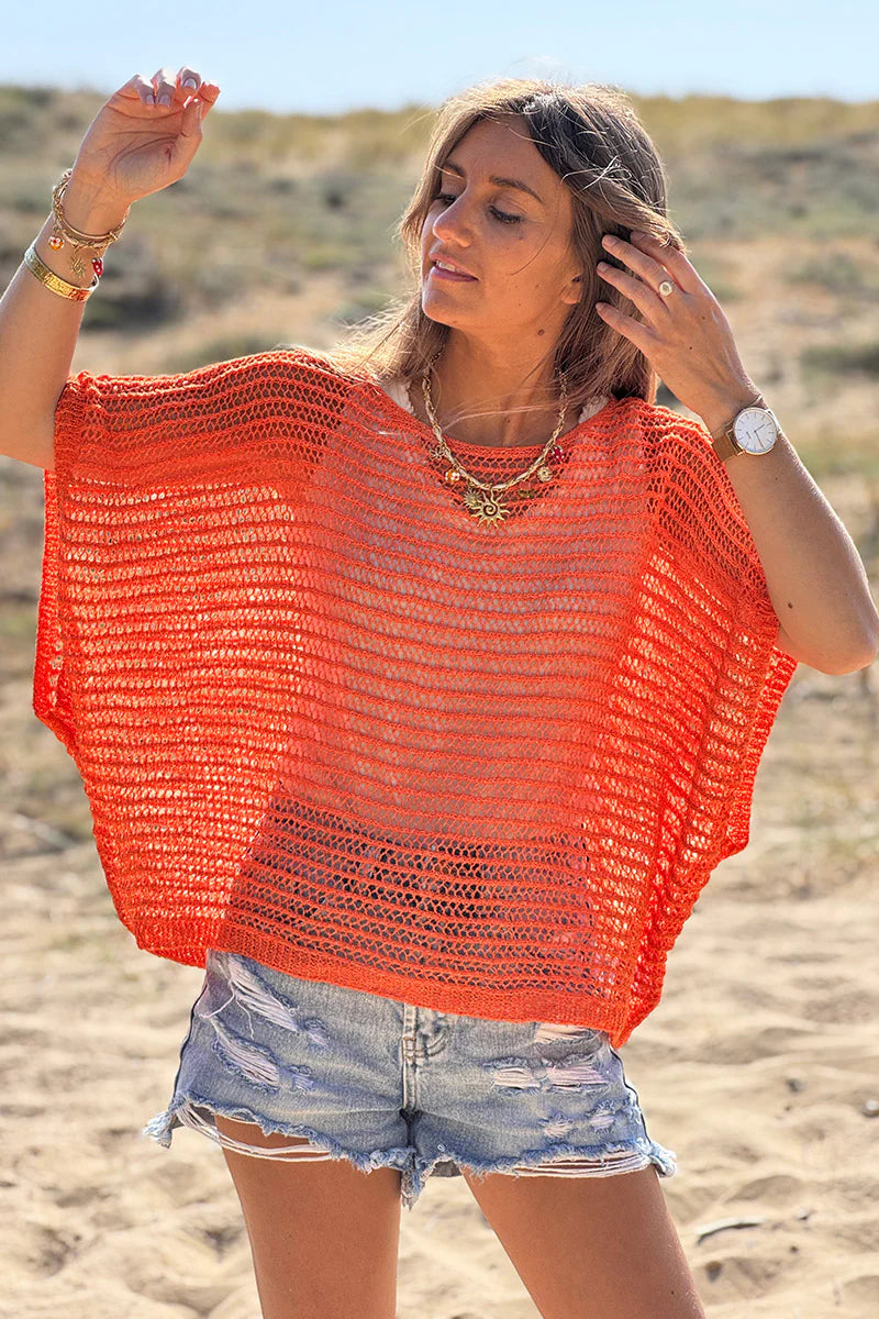 Orange Open Crochet Dolman Top